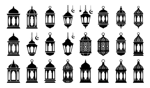 Islamic Lantern and Ramadan Fanous Silhouette Icons Black and White Vector Collection