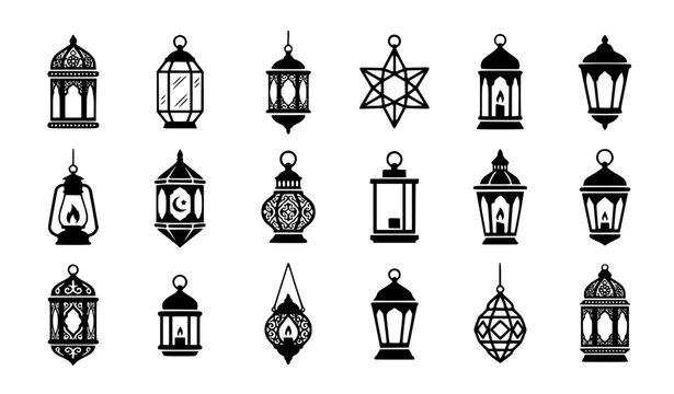 Traditional Islamic Lantern Icons Monochrome Ramadan and Eid Vector Symbol Set