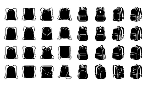 Drawstring Backpack and Storage Bag Silhouette Icons Black and White Vector Collection