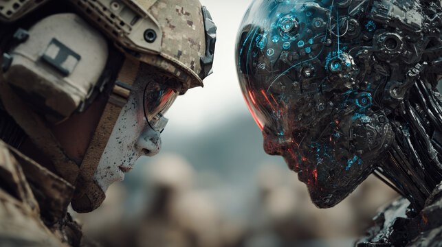 Human soldier facing futuristic combat robot face to face in dramatic sci-fi confrontation scene