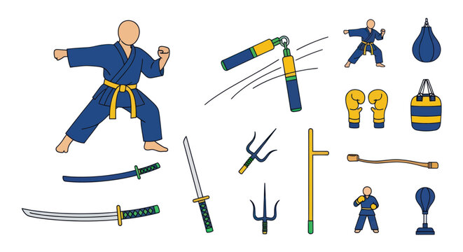 Martial arts equipment and fighter icons with traditional weapons