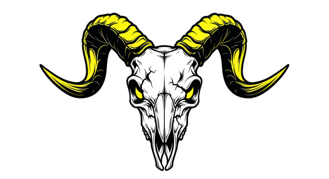 Stylized ram skull with vibrant yellow horns and glowing eye sockets