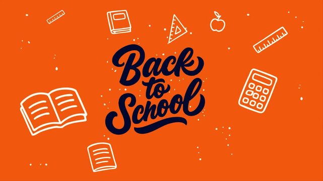 Back to School Typography: A vibrant orange backdrop adorned with hand-drawn school supplies and the bold Back to School calligraphy creates a cheerful and energetic welcome to the academic year.