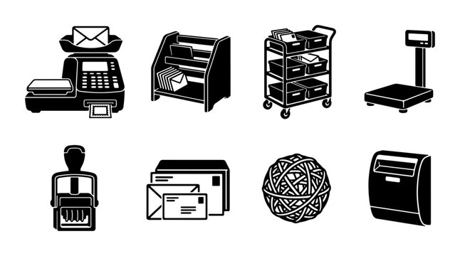 Postal Service Icons Set: Mailbox, Scale, Stamp, Cart, Letters, Package, Ball of Twine, Mail Sorter | Business Logistics & Delivery Graphics