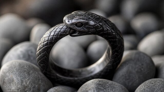 Dark stone Ouroboros serpent ring resting on grey pebbles.