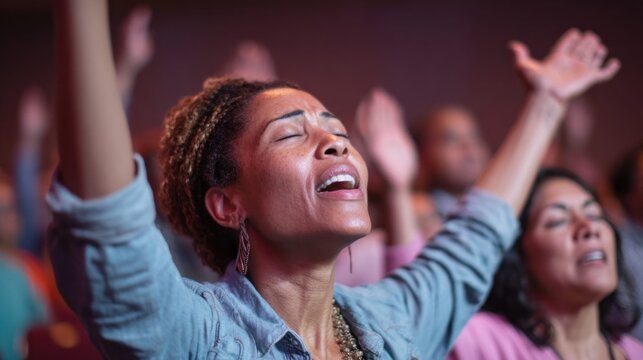 Woman with arms raised in worship, eyes closed, experiencing spiritual connection