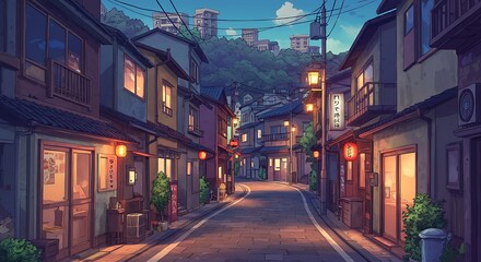 Obraz premium Twilight Street: Digital Painting of a Serene Cityscape