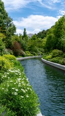Fototapeta premium Curved canal with green landscape in modern urban park, sustainable city environment concept.