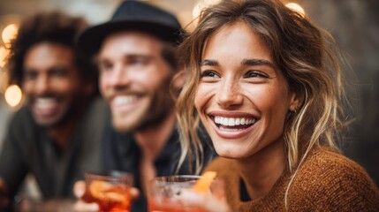 Obraz premium Friends laughing and enjoying drinks together at a bar with warm bokeh lights