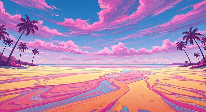 Pink Sunset Paradise: Digital Beachscape