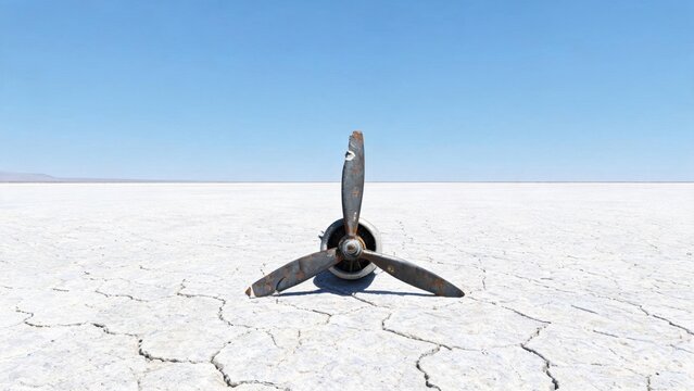 Propeller Resting on a Cracked Salt Desert Surface Under a Clear Blue Sky Featuring Damaged, Rusty, Aviation with Aircraft Part and Abandoned