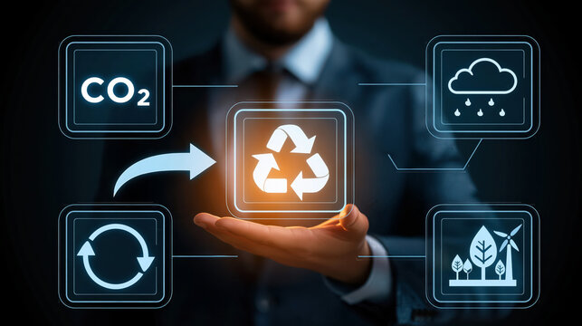 Recycling concept with carbon dioxide reduction and sustainable climate icons above business hand