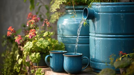 Obraz premium A stunning image of Blue Ceramic Garden Water Fountain Pouring into a Cup with Flowers Background