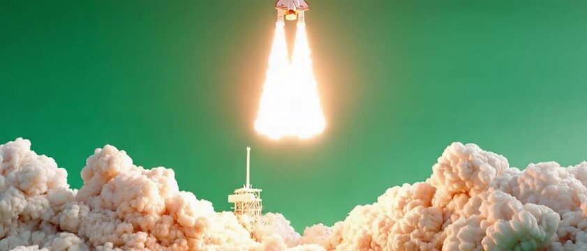 Rocket Launch into Green Sky: A powerful rocket blasts off, its engines ablaze with fiery exhaust, piercing through a sea of billowing clouds against a vibrant green sky.