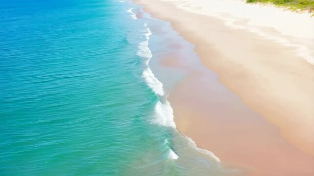 Aerial view of a serene beach with gentle waves lapping at the shore. Represents tranquility, relaxation, and the beauty of nature