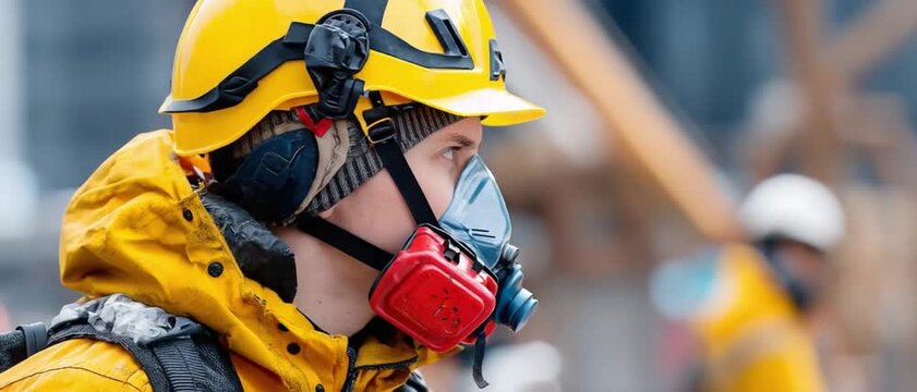 Safety First: A diligent construction worker in a yellow hard hat and respirator focuses intently on the task at hand, highlighting the crucial importance of safety in hazardous environments.