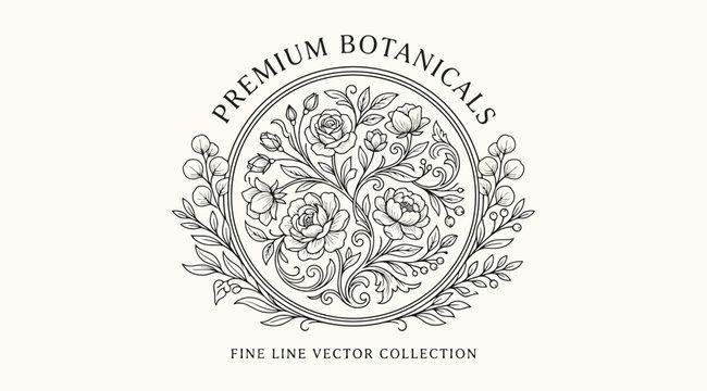 Premium botanicals fine line vector collection, elegant floral logo design with roses and leaves in a circular frame