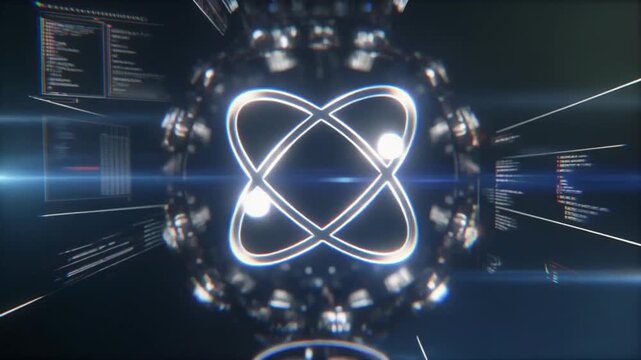 Futuristic digital atom symbol with glowing technology interface