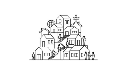 Fototapeta premium Hand-drawn sketch of a charming town with houses, buildings, trees, and streets in a simple urban architectural illustration
