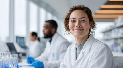 Fototapeta premium Smiling female scientist in lab coat with colleagues working in background