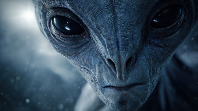 Contemplative grey alien portrait with large black eyes against dark blue cosmic nebula background