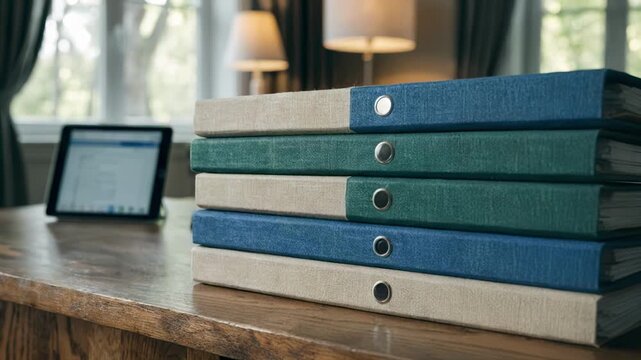 Medium shot of neatly stacked policy folders on a home office desk with digital tablet displaying documents softly blurred background for focused clarity.