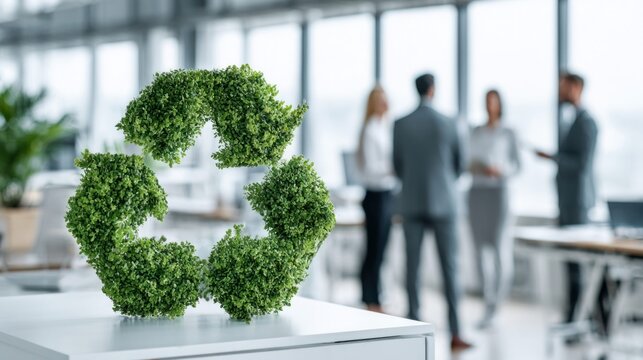 Green recycling symbol made of plants in a modern office with blurred business people