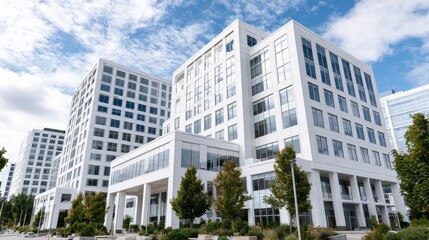 Obraz premium Modern corporate office building exterior with glass facade and blue sky.