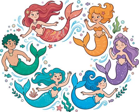 Cartoon mermaids and merman swimming together in colorful underwater scene
