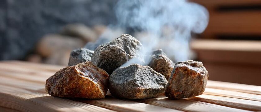 Steaming Sauna Stones: Close-up shot of hot, natural stones emitting steam in a warm sauna setting, creating a relaxing and therapeutic atmosphere.