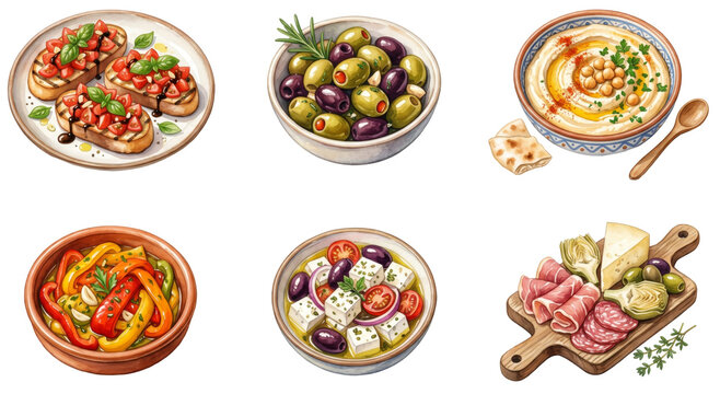 collection of mediterranean tapas and meze like bruschetta hummus olives and charcuterie