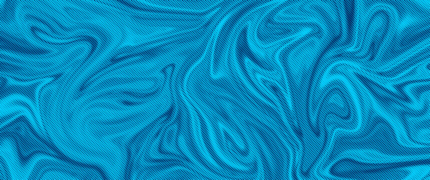 Abstract Blue Liquid Halftone Wave Background. Abstract cyan liquid halftone background with black dotted texture and flowing wave shapes, ideal for posters, branding, digital art, wallpapers. Vector