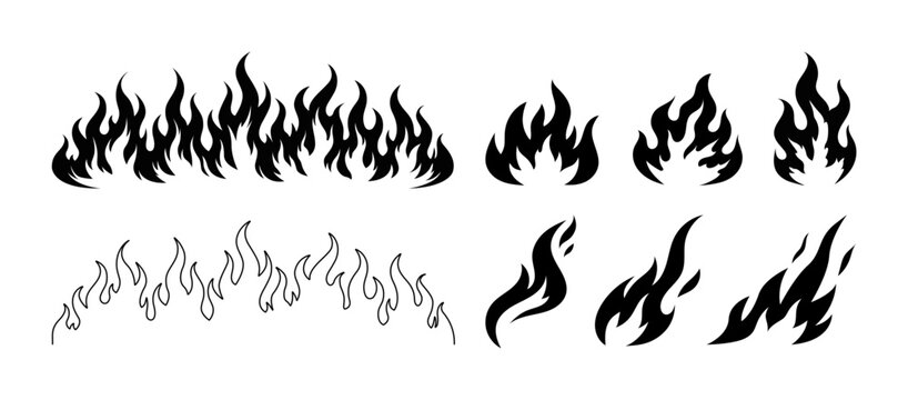 Classic silhouette flame, Collection of black fire flame silhouettes and outline shapes on white background. Old school tattoo style or silhouette flame for cars, logo, tattoo, sticker. Vector set