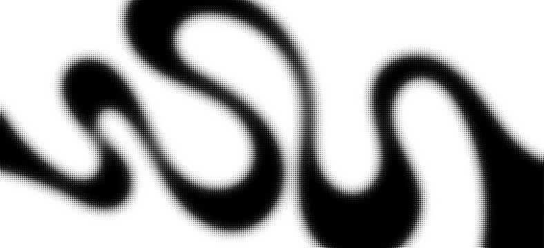 Monochrome halftone wave pattern on white background. Dotted wave pattern with bold black curves, halftone style. Modern graphic design for digital backdrop. Vector dotted illustration