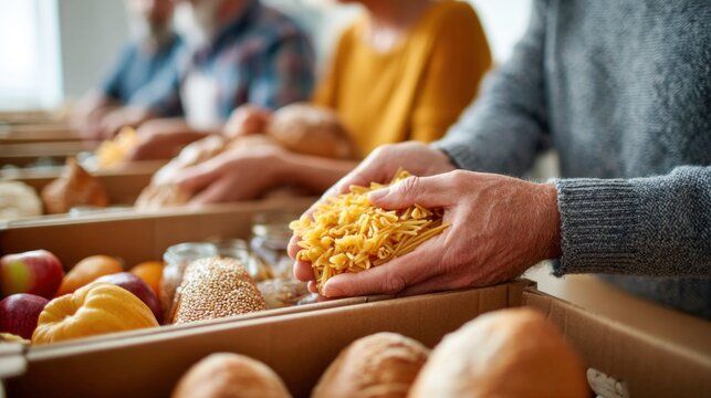 Volunteers packing food boxes with pasta, bread, fruits, and grains for donation
