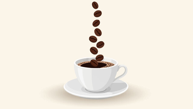 Coffee beans gracefully fall into a white cup with saucer on a light beige background.