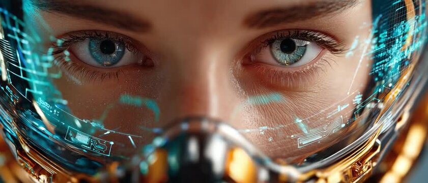 Futuristic Gaze: Close-up on a person's piercing blue eyes behind a high-tech visor, reflecting glowing holographic data streams.