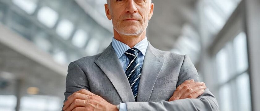Serious Businessman Standing Tall: A distinguished senior businessman with a stern expression and arms crossed, confidently poses in a modern, bright office building.