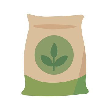 Paper bag with organic product icon. Eco-friendly sack with natural grain, flour or fertilizer sign. Sustainable packaging design element. Flat vector illustration isolated on white background