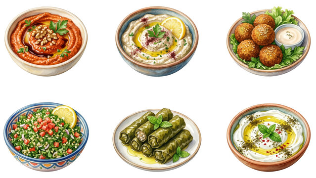 set of traditional middle eastern food bowls with hummus falafel tabbouleh and stuffed grape leaves