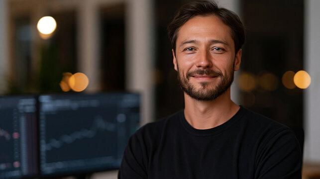 Man smiling at a trading computer with charts and market stats at night in Colombia, happy crypto investor at a monitoring screen concept, with copy space