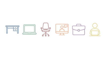 Obraz premium Set of colorful outline office work business technology icons representing modern professional environments and digital communication.