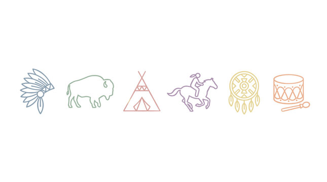Indigenous culture icons, including a feathered headdress, bison, teepee, rider on horse, dreamcatcher, and drum, are depicted in a colorful outline style.