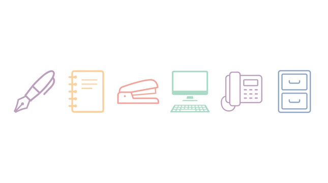 Office supplies equipment computer telephone filing cabinet icons in a colorful pastel line art style representing modern business tools and stationery.