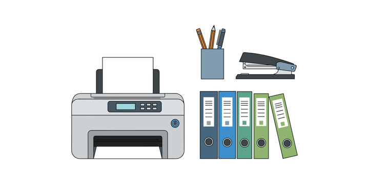 Office printing and organization equipment set illustration with stationary equipment business document clerical organization supplies corporate administration archiving workplace isolated