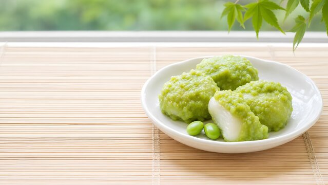 ずんだ餅 枝豆あんの夏の和菓子 白い小皿の涼やかな和スイーツ