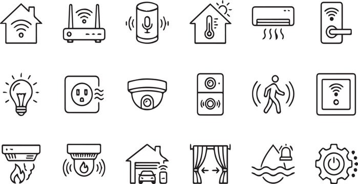 Integrated smart house and iot device outline icons for domestic technology and security.
