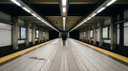 Obraz premium Back view of a lone commuter standing on an empty underground subway platform
