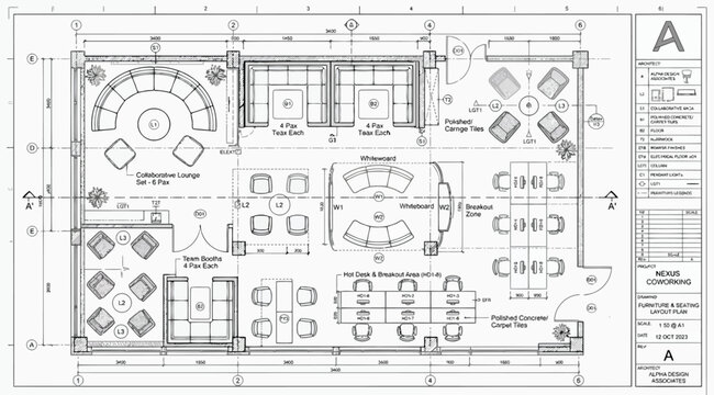 Architectural floor plan of a modern office interior design layout with furniture arrangement