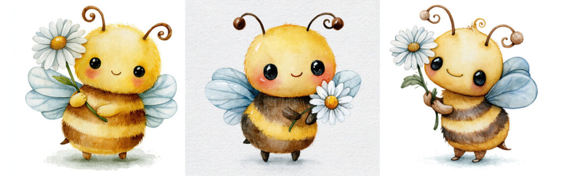 Cute bee character with flower, watercolor illustration, smiling insect, yellow body, blue wing, childlike art